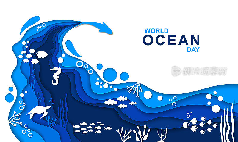 水下海报世界海洋日模板。剪纸水下的海洋背景矢量。