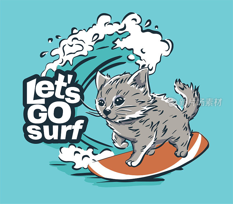 凯蒂冲浪冒险凉爽的夏季t恤印花。猫在波浪上骑冲浪板