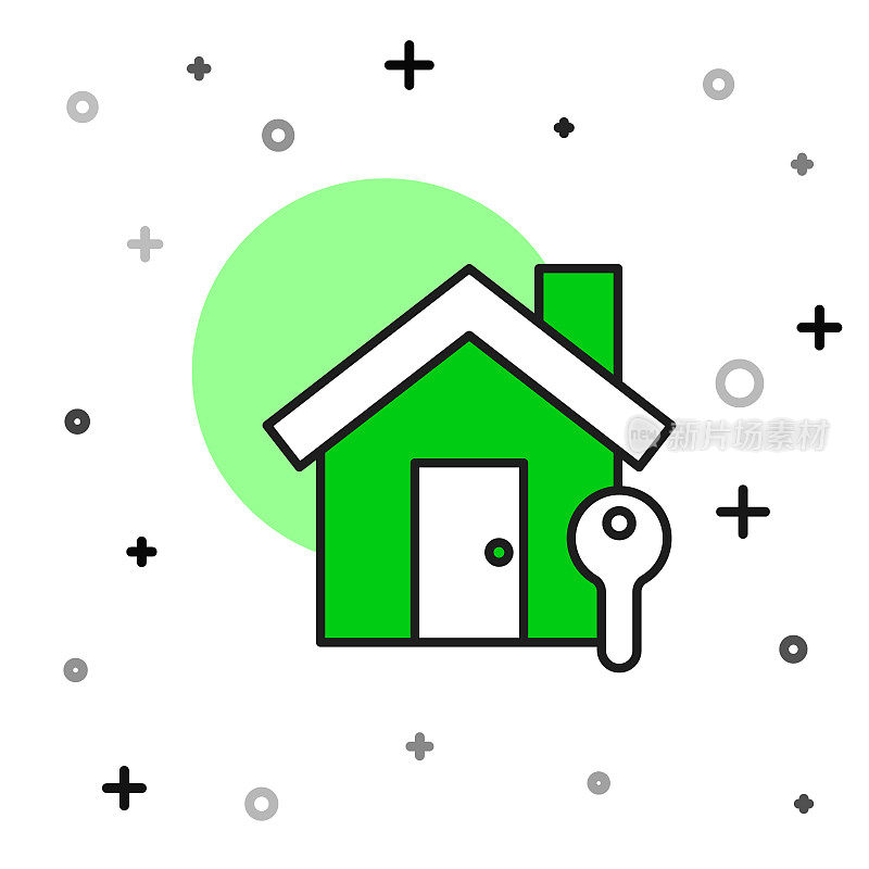 填充轮廓的房子与关键图标隔离在白色背景。房屋交钥匙的概念。向量