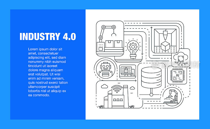 工业4.0线图标集和横幅设计。自动化、大数据、人工智能、机器学习、连接、电力、汽油