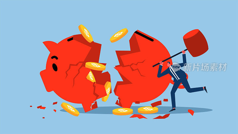 破产,花光储蓄,投资或生意失败,损失金钱或生意失败,愤怒的商人拿起锤子砸碎了存钱罐
