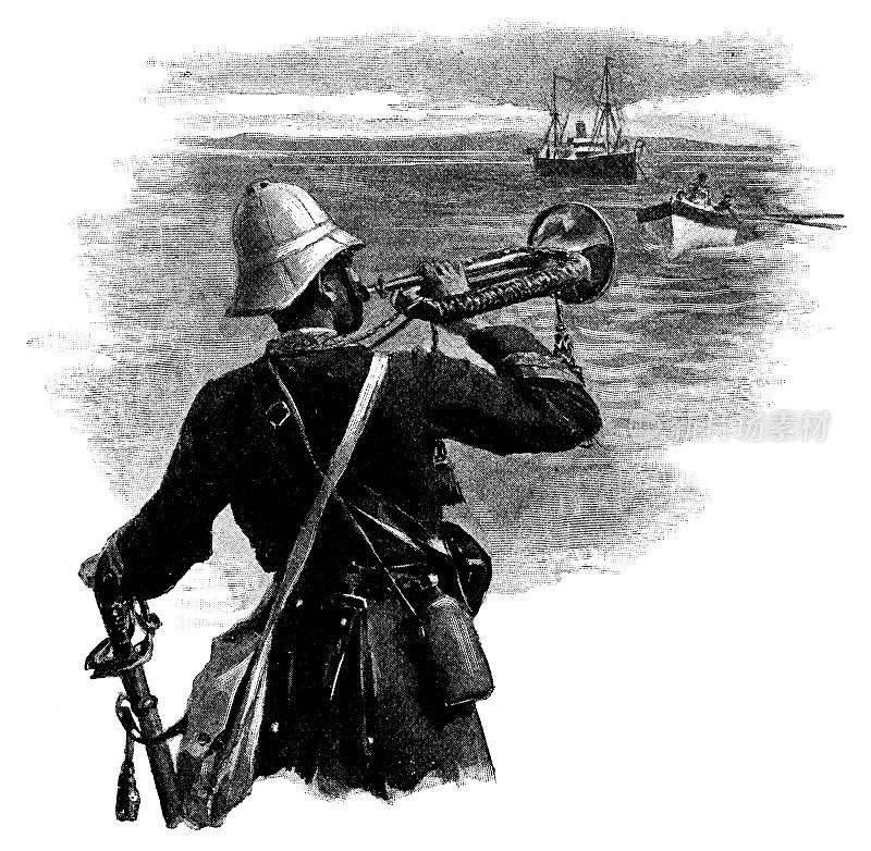 19世纪,士兵向一艘长艇发出信号,让部队返回大船上