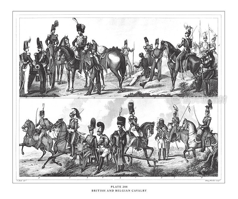 英国和比利时骑兵雕刻古董插图，1851年出版