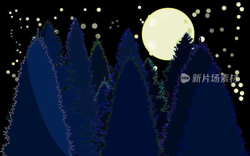 夜晚的霓虹灯在星光和月亮的照耀下――冷杉树五颜六色的剪影。