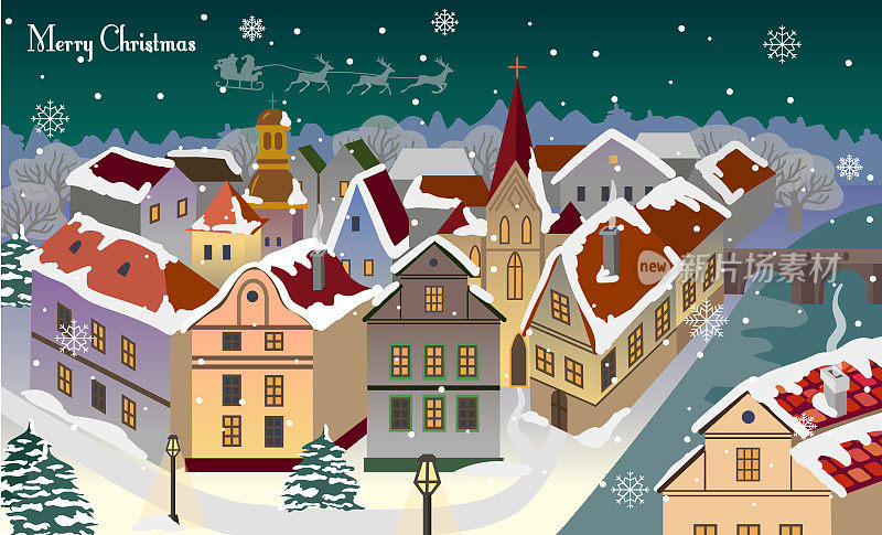 矢量圣诞卡片上有一个下雪的古镇