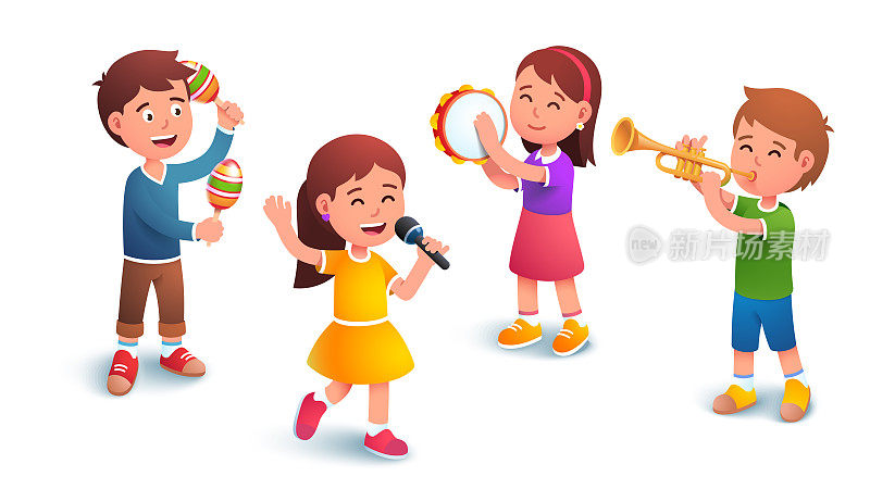 孩子们站在一起演奏音乐。主唱拿着麦克风唱歌。男孩和女孩儿童团体演奏沙槌，手鼓和小号乐器。平向量音乐家角色插图集