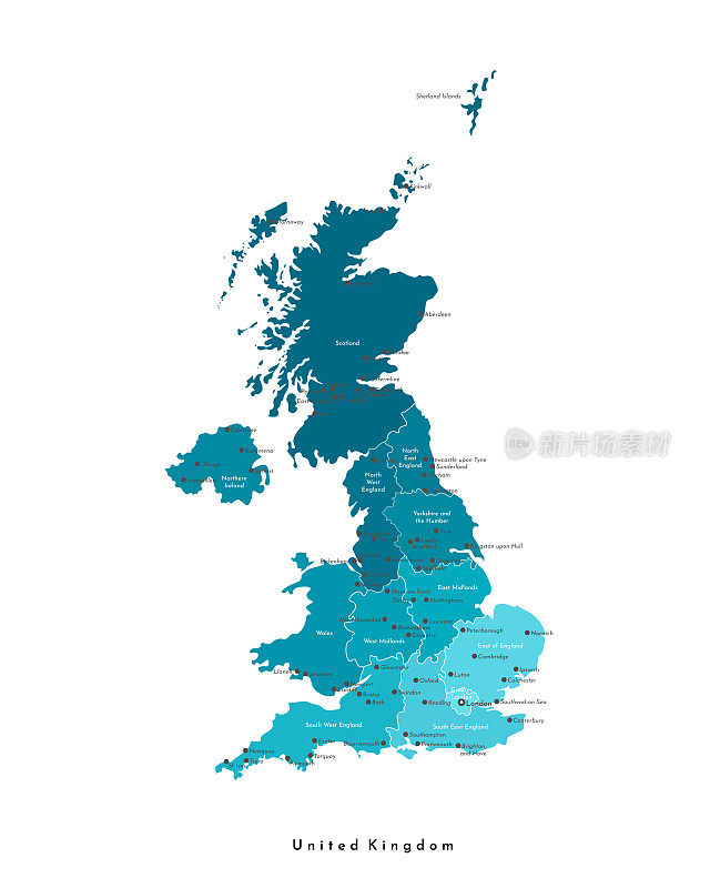 矢量现代孤立插图。简化行政地图的大不列颠及北爱尔兰联合王国(UK)。蓝色的形状。大城市和地区的名称。白色背景