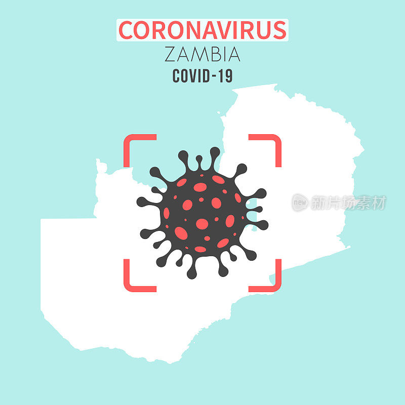 赞比亚地图，红色取景器中有冠状病毒(COVID-19)细胞