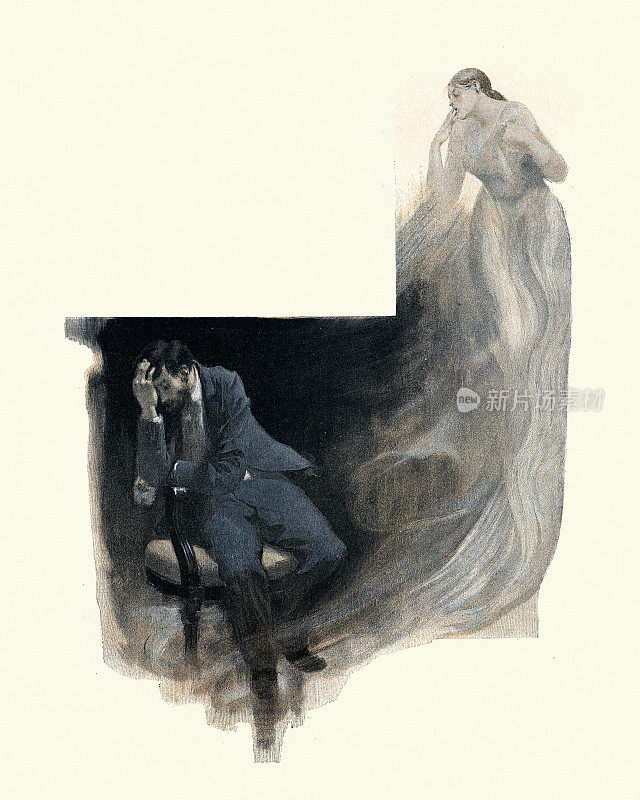 一个男人被一个女人的鬼魂纠缠，维多利亚，19世纪