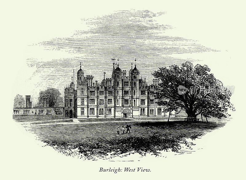 年份，英国维多利亚版画，伯利大厅，西View，莱斯特郡，英格兰，1875年