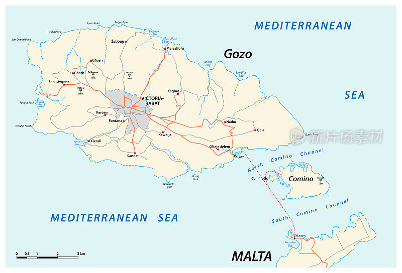 马耳他戈佐岛和科米诺岛的矢量地图