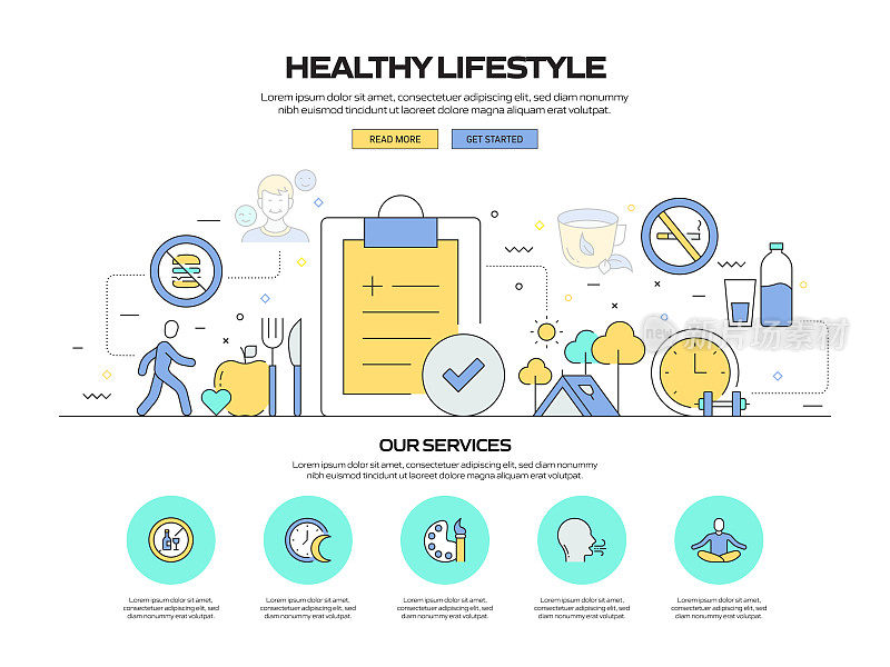 健康生活方式相关的现代线条风格矢量插图