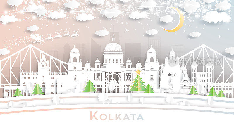 剪纸风格的印度城市天际线，雪花，月亮和霓虹花环。