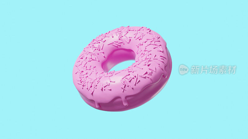 粉红色的甜甜圈漂浮在蓝绿色的空间