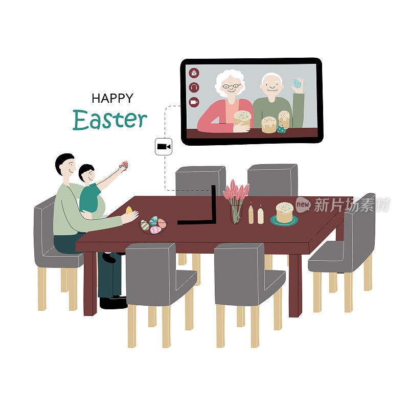 复活节快乐。矢量平面插图与家庭庆祝节日。爸爸和小儿子坐在节日餐桌旁，敲打鸡蛋，通过笔记本电脑上的视频电话向年迈的父母祝贺
