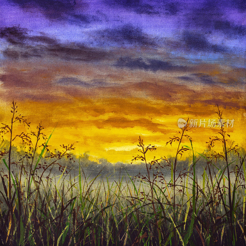 原始的油画草地夏天的田野在日落黎明的天空背景下，美丽的俄罗斯田野风景在画布上。现代印象派。厚涂的颜料艺术品。