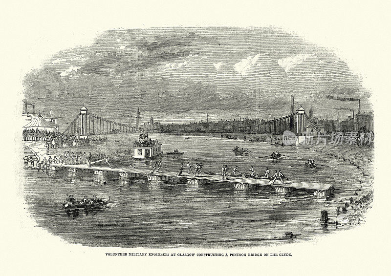 志愿军事工程师在格拉斯哥克莱德河上建造浮桥，1861年