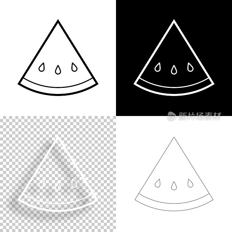 片西瓜。图标设计。空白，白色和黑色背景-线图标