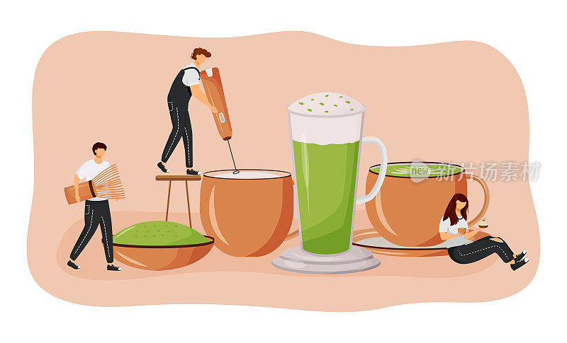 抹茶拿铁平面概念矢量插图。绿茶粉。男人在做热饮。日本营养的饮料。Barista二维卡通人物网页设计。咖啡馆的创意