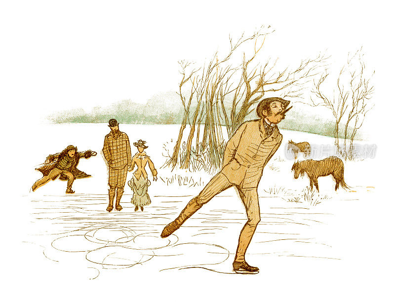 一名维多利亚时代的男子，一边在结冰的池塘上溜冰，一边抽着雪茄