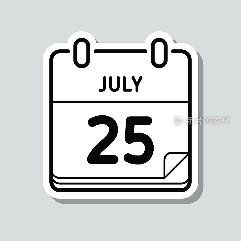 7月25日。灰色背景上的图标贴纸