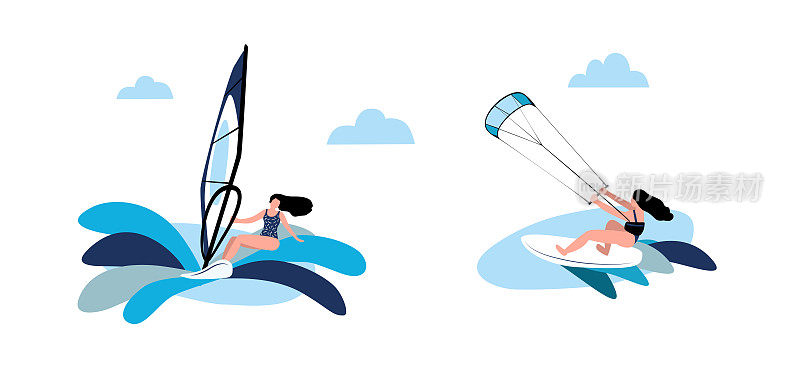 矢量平面插图的夏季运动。开空头支票和风帆冲浪。风筝冲浪和风帆冲浪的女孩。暑假。专业的运动。海