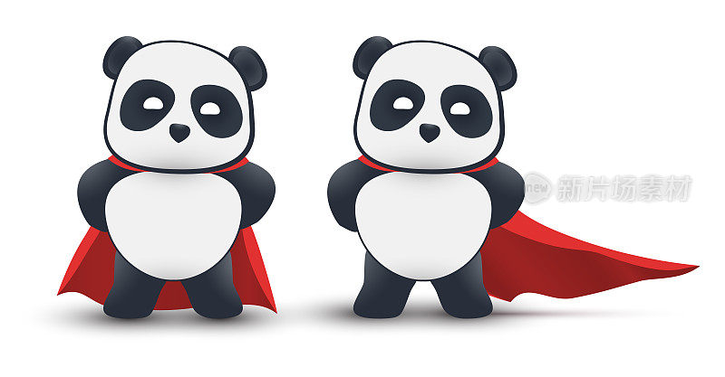 小熊猫超级英雄穿着红色的斗篷在空中飞行。在白色背景上隔离