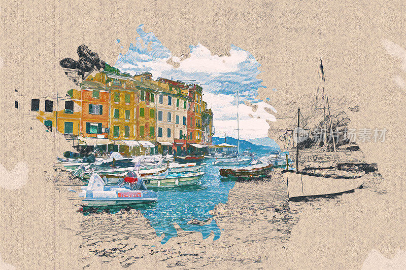 用彩色铅笔画意大利著名地标波托菲诺海岸风景，在旧牛皮纸上。