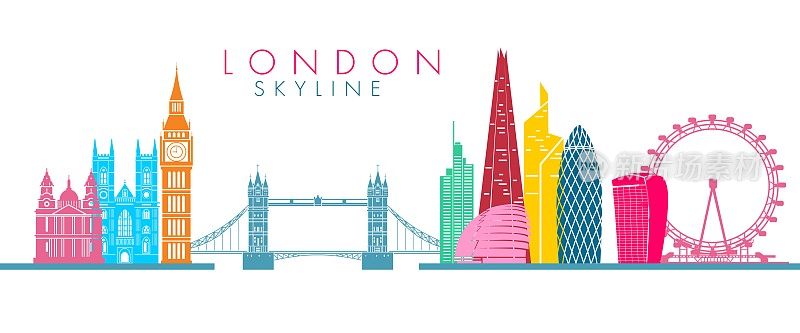 伦敦城市的天际线上是著名建筑的彩色剪影。
