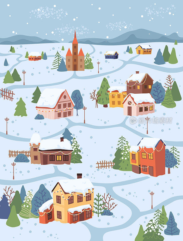 圣诞乡村风光，村舍和树在雪中，平面卡通设计。向量山，用花环装饰的房子，小路，带篱笆的小屋，北欧小屋，冬季假期