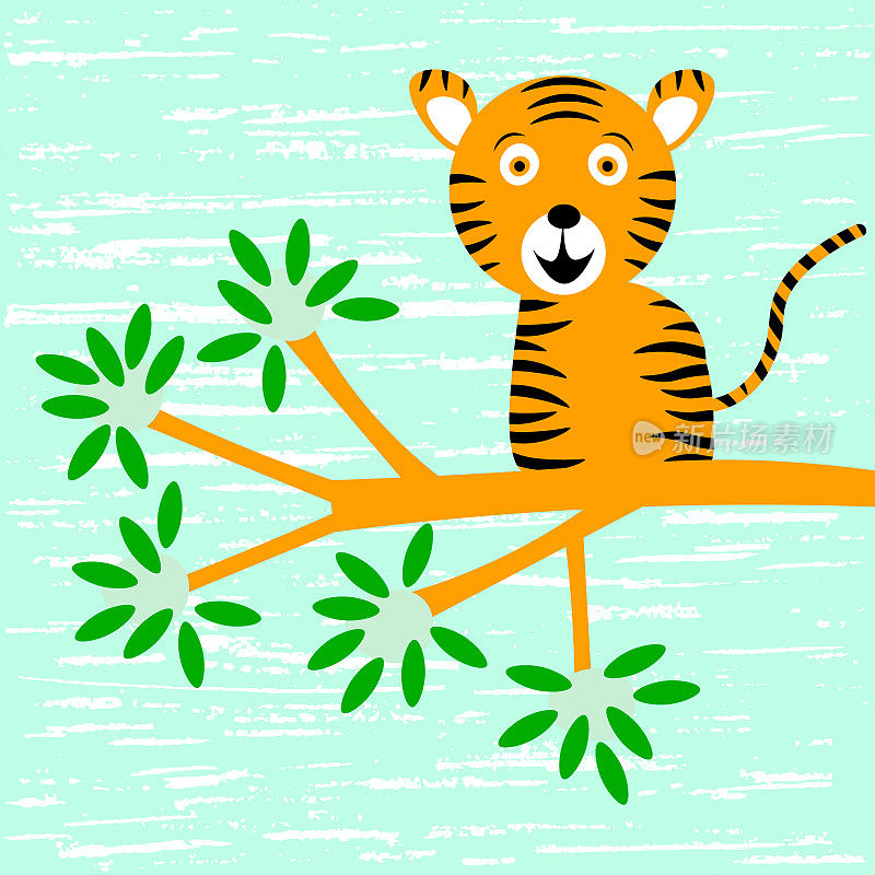 贺卡上有一个橙色条纹的老虎幼崽在树枝上，浅蓝色的背景。矢量插图。