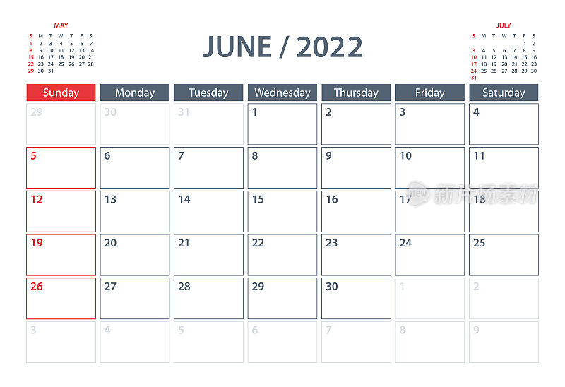 2022年6月日历规划器矢量模板。一周从周日开始