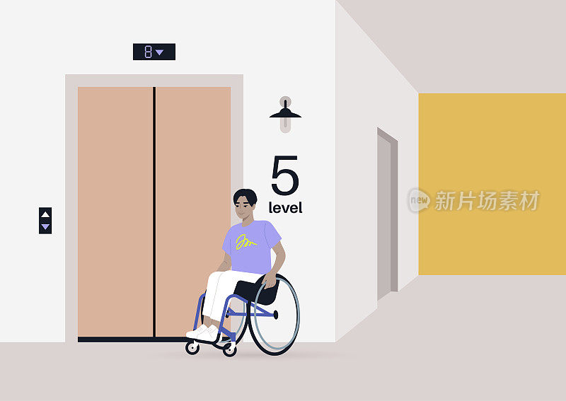 年轻的亚裔男性角色坐在轮椅上等待电梯，融入日常生活