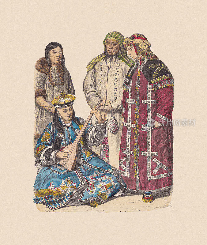 19世纪，亚洲服饰，手工着色木刻，大约出版于1880年