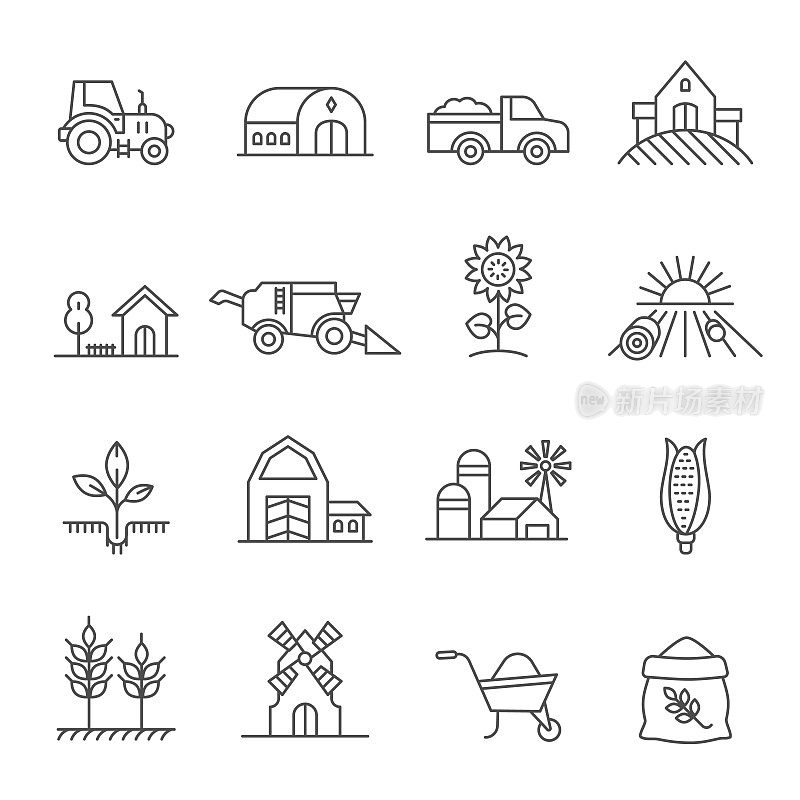 农业线图标有拖拉机、农舍、汽车和田地。农村建筑、机械、有机产品。农场图标向量集
