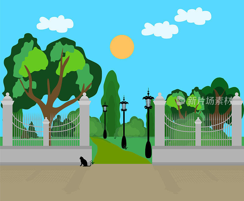 一个有高栅栏的城市公园和一只黑色的流浪猫