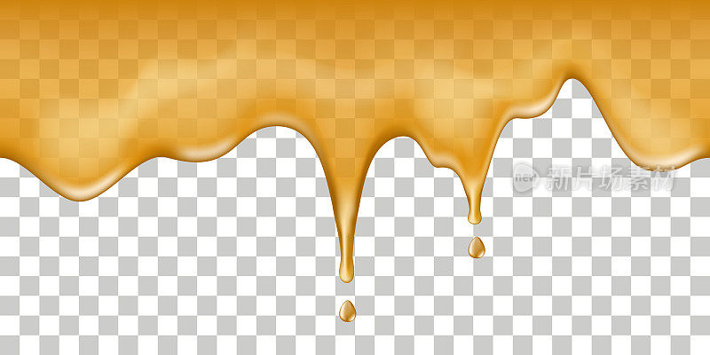 枫糖浆滴落，蜂蜜融化。分离流动液体，橙汁，甜酱，油，蜂蜜，焦糖。在透明背景上，矢量插图。