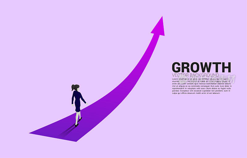 女商人的剪影在增长的图表上行走。概念人随时准备提升事业和业务水平。