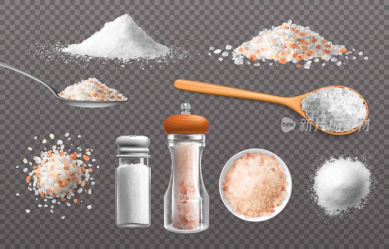 现实的盐。食用用玻璃瓶调味料。喜马拉雅调味品堆和勺子。海盐矿物的颗粒和粉末。烹饪原料。向量3D烹饪香料集
