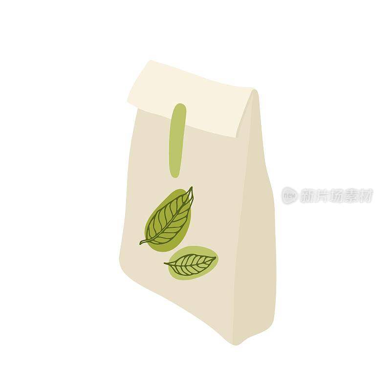 绿抹茶茶。用茶叶做的牛皮纸包。抹茶粉包。产品包装平面矢量插图为模板，海报，标签为咖啡馆，茶店。