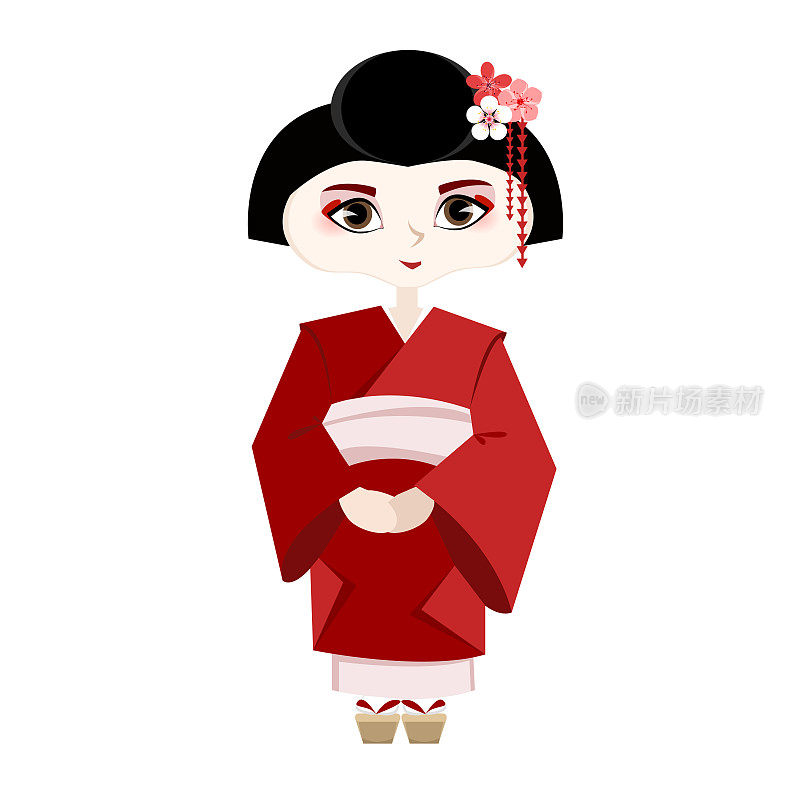 穿着传统服装的可爱的日本艺妓。穿着民族红色服装的艺妓。