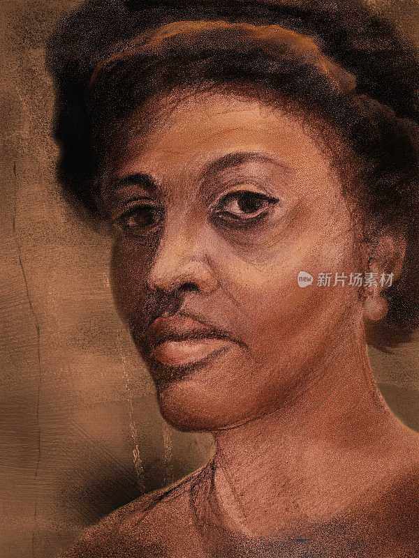一名年轻黑人女性的近景肖像，仿古绘画风格