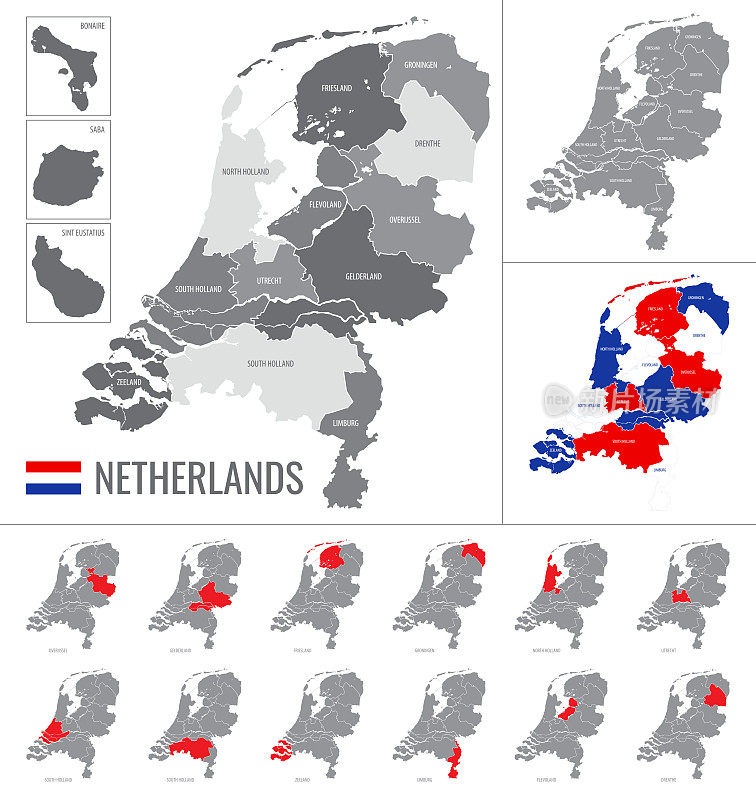 与旗帜的荷兰地区的详细矢量地图