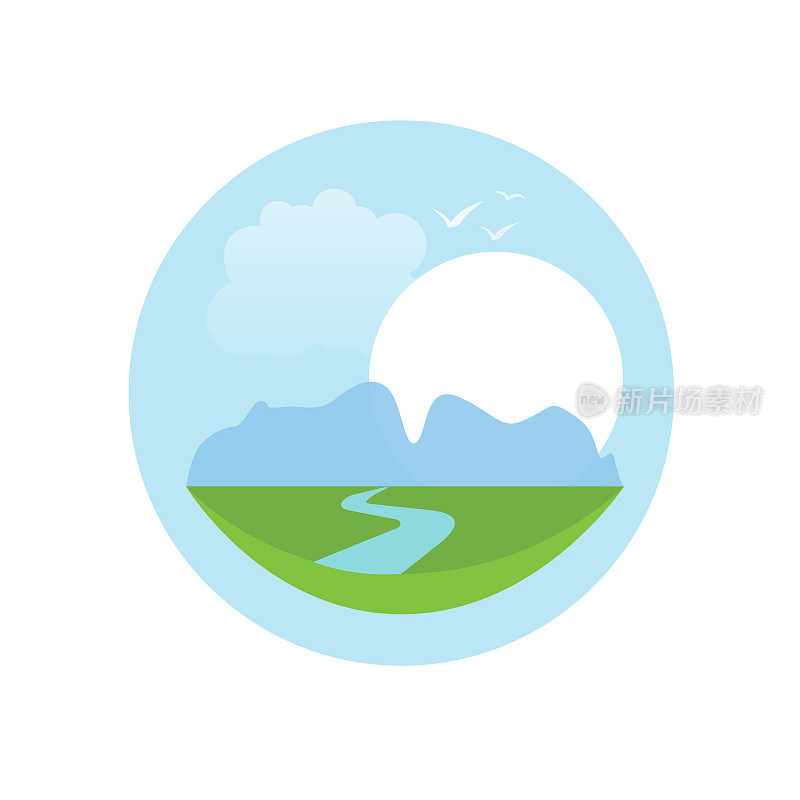 河流弯曲标志矢量在天堂谷自然或平静祥和的小溪山峦景观中循环标志式现代平面设计，国家森林公园标志构思绿色蓝色形象