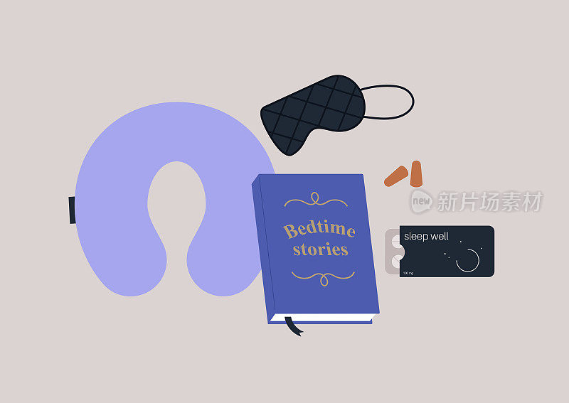 一套旅行睡具，一个口罩，一本睡前故事书，一包药丸，一副耳塞