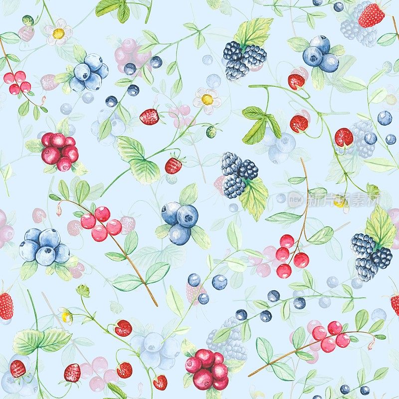 无缝图案水彩野生浆果，蓝莓，蔓越莓，野生草莓