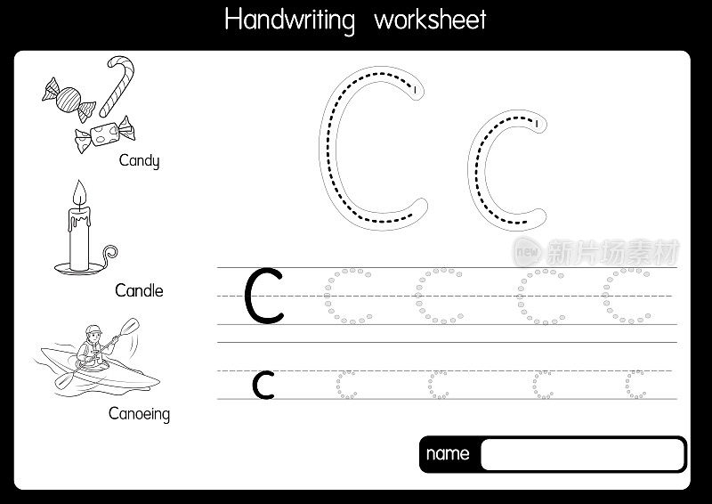 黑白矢量插图，用字母C大写字母或大写字母为儿童学习练习ABC