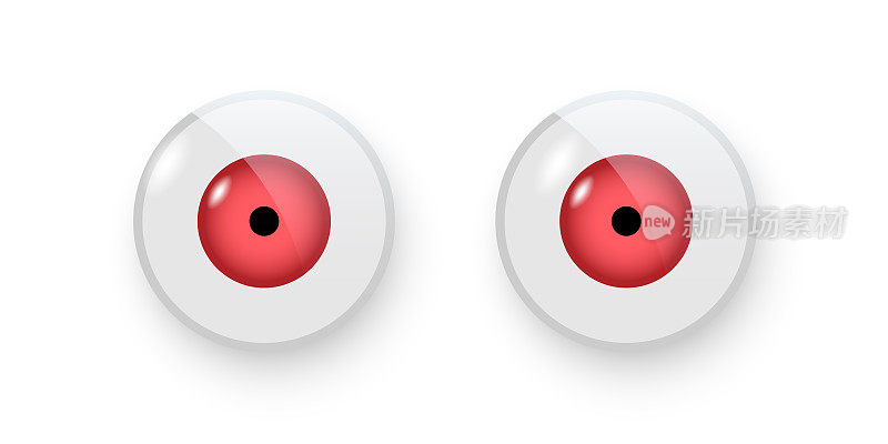 玩具眼睛矢量插图。晃来晃去的塑料娃娃张开红色的眼球，在白色的背景上，黑色的瞳孔孤立在圆形的部分
