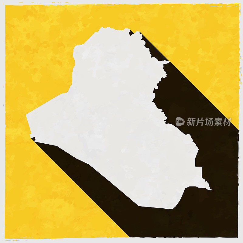 伊拉克地图与纹理黄色背景上的长阴影