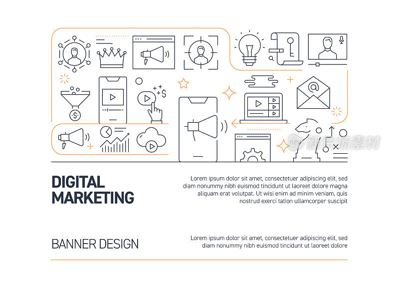 数字营销相关矢量横幅设计概念，现代线条风格与图标